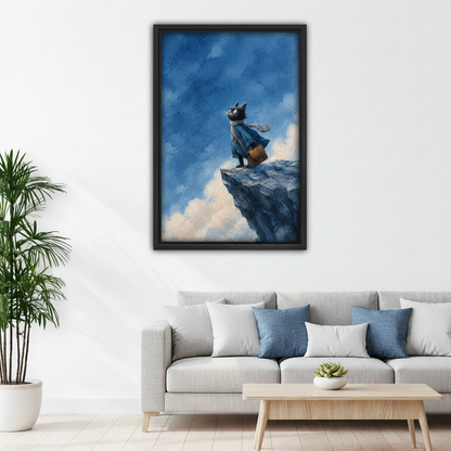 Watercolor adventurous cat on cliff framed canvas print displayed above a sofa in a bright living room