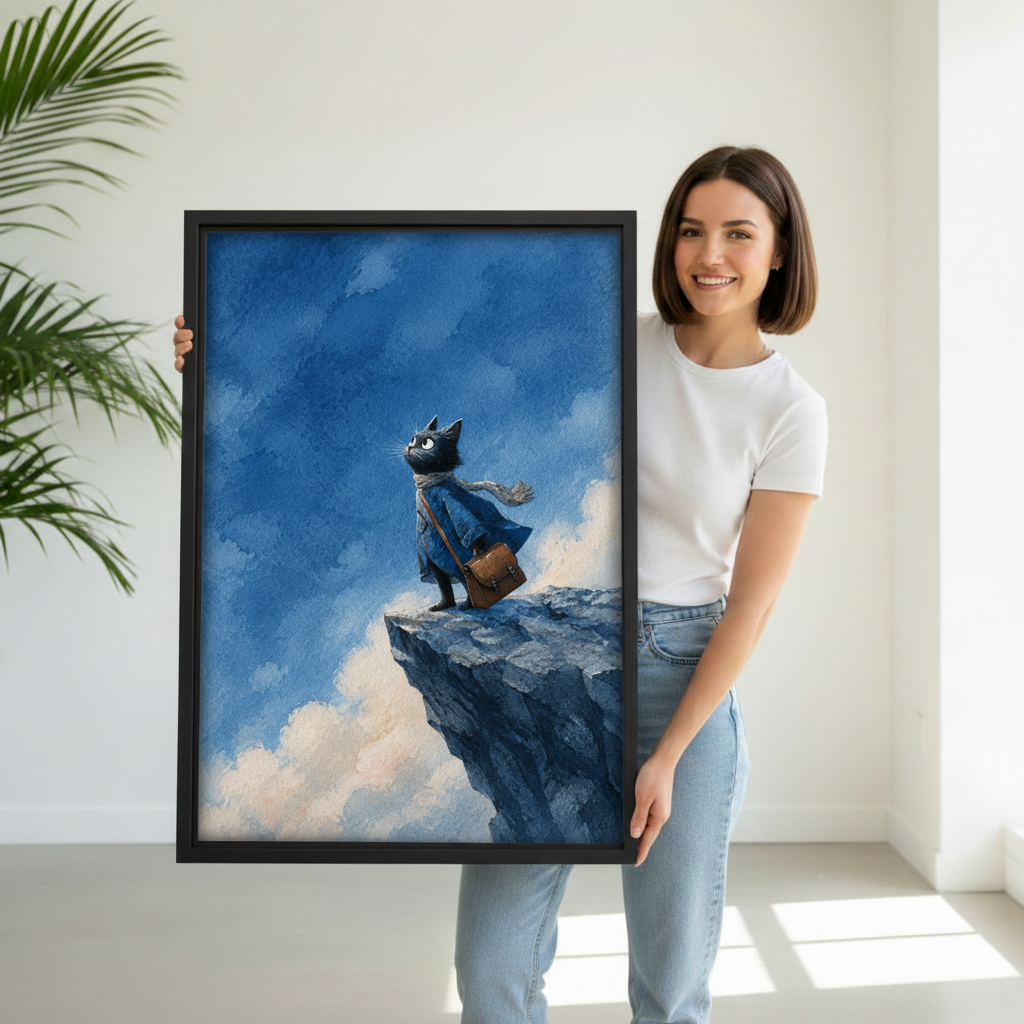 Person holding watercolor adventurous cat on cliff black framed canvas print in a bright white room