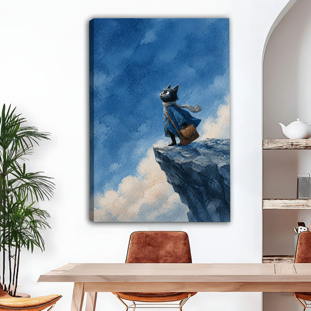 Frameless gallery wrap canvas of watercolor black cat in blue coat on rocky cliff above a wooden console