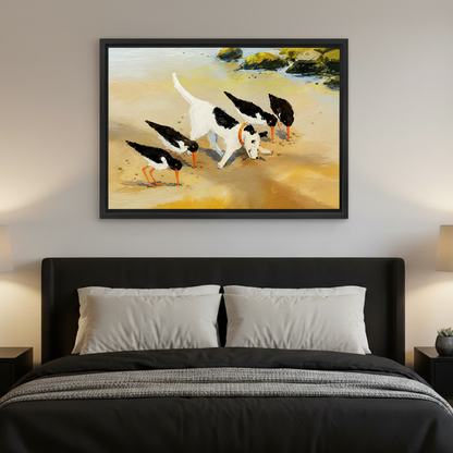 Dog and birds beach canvas print displayed in bedroom, framed wall art decor