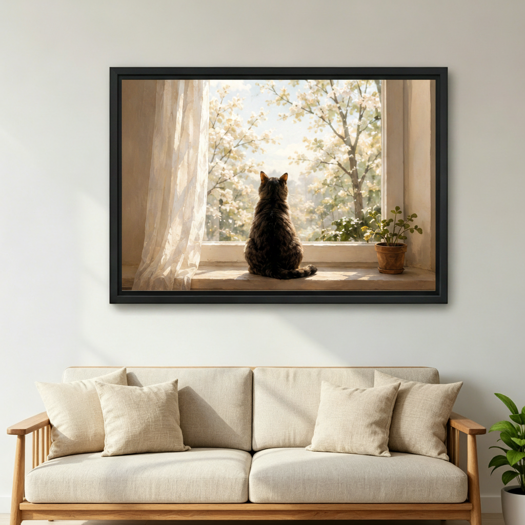 Framed cat spring window oil painting canvas print hanging above living room sofa