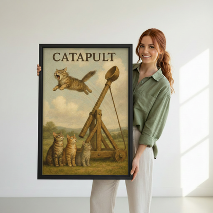Woman holding large catapult funny cat vintage framed canvas print — quirky cat wall art gift idea for cat lovers