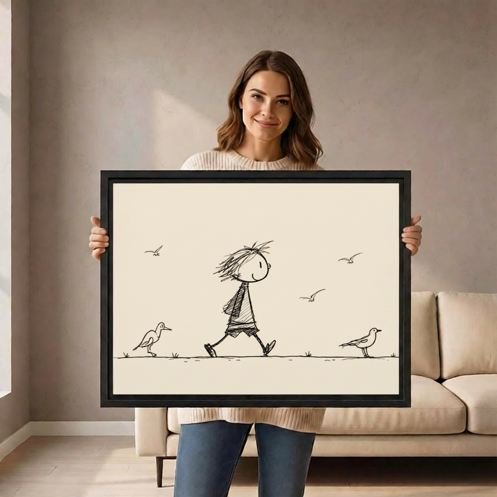 Woman holding minimalist stick figure child seagulls ink sketch canvas print whimsical wall art