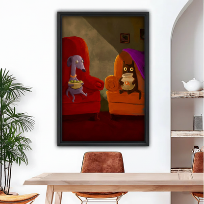 Funny dog and cat movie night canvas wall art in black frame above dining table, whimsical pet print for cozy modern home decor