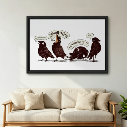 Black framed crow illustration wall art, witty home decor for any room