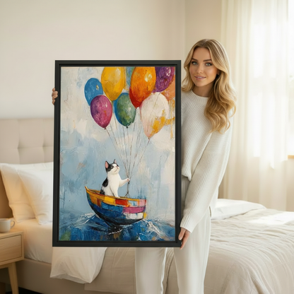 Woman holding whimsical cat balloon boat canvas wall art print in white bedroom, colorful impasto oil painting