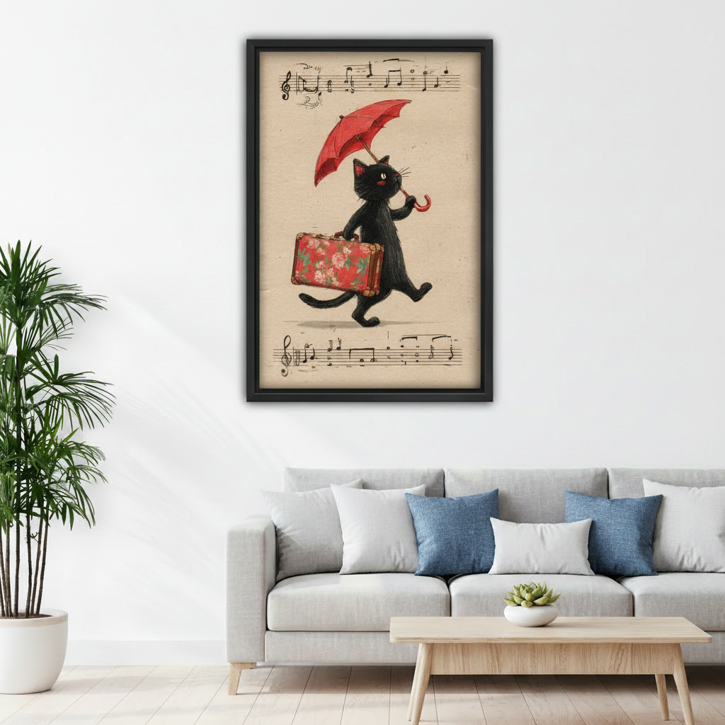 Black cat umbrella floral suitcase canvas art in kids bedroom — vintage wandering cat illustration, playful eclectic wall decor for children's room