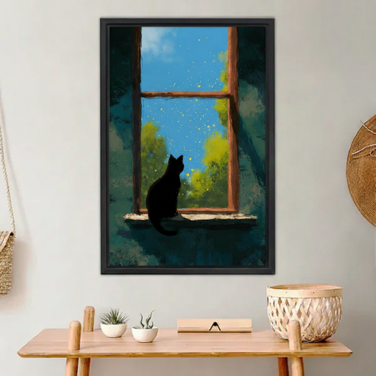 Black Cat Window Starry Night Whimsical Wall Art Print l1987