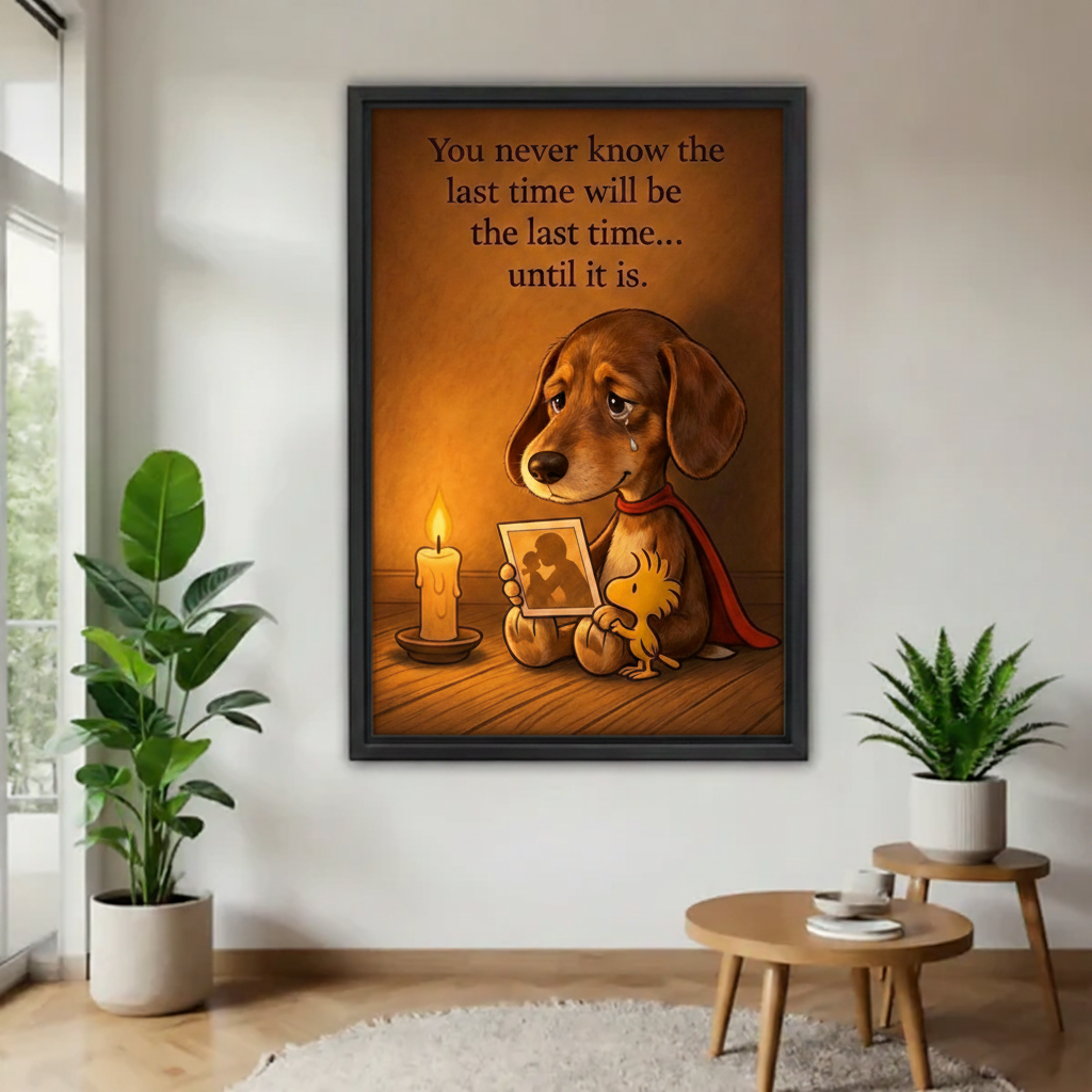 Emotional dachshund candlelight quote canvas wall art in black frame, sad puppy with candle and photo for dog lover home decor