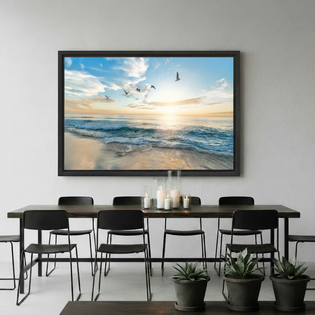 Ocean sunrise beach framed canvas print with birds and waves, peaceful coastal wall art for home decor