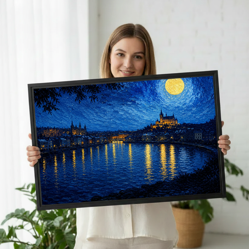 Moonlit city river Van Gogh style wall art print — swirling blue night sky with golden reflections for gallery wall display