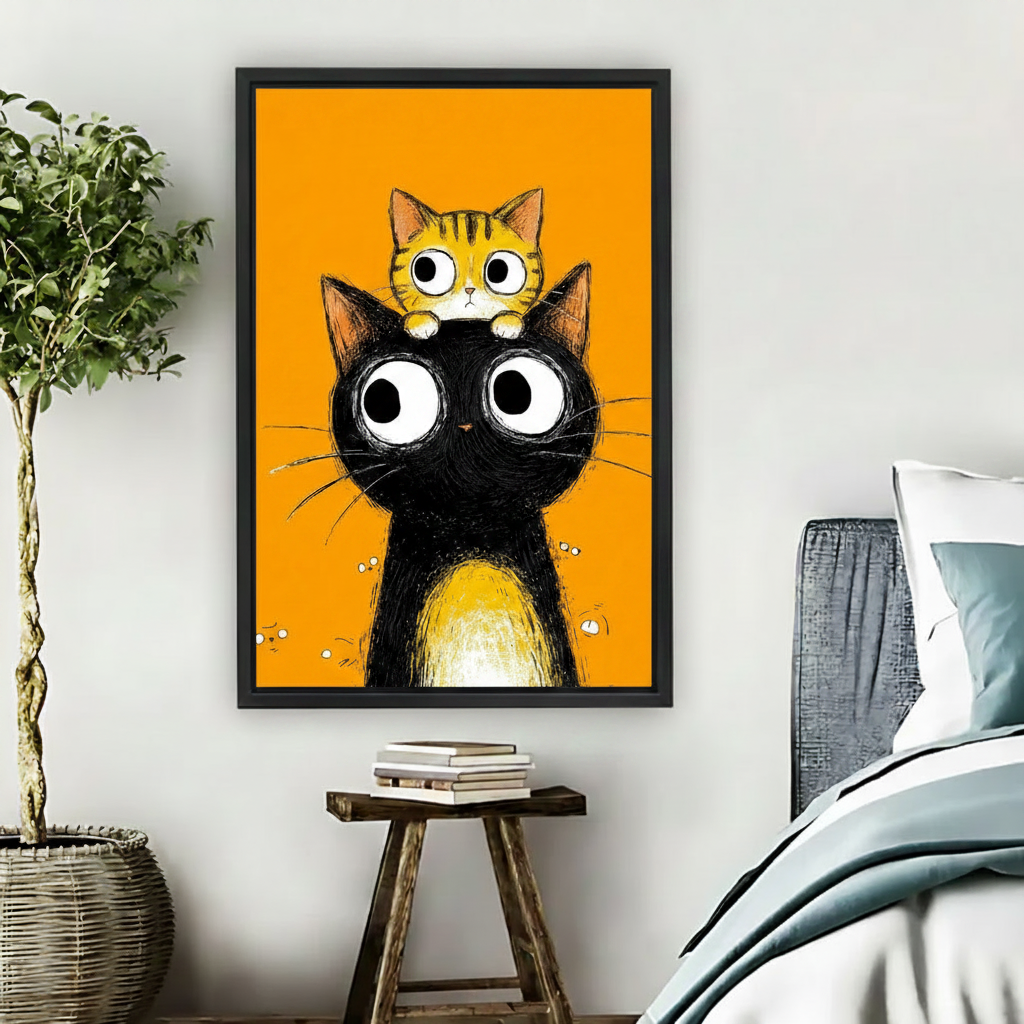 Whimsical cat duo wall art — big-eyed black cat with tabby kitten, orange background