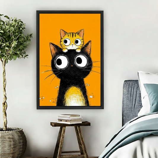 Whimsical cat duo wall art — big-eyed black cat with tabby kitten, orange background