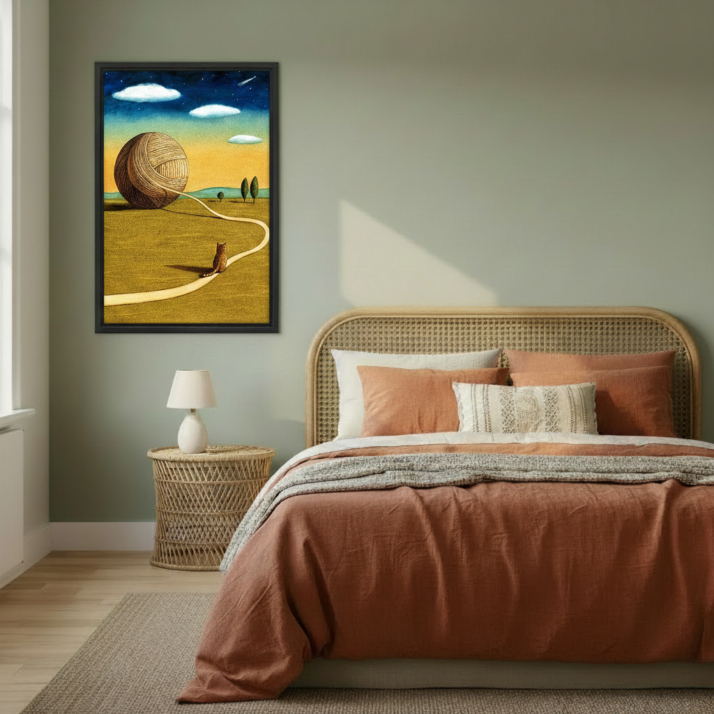 Surreal cat chasing giant yarn ball canvas wall art in black frame – golden wheat field under night sky, styled in warm Scandinavian bedroom with neutral linen bedding and wood nightstand