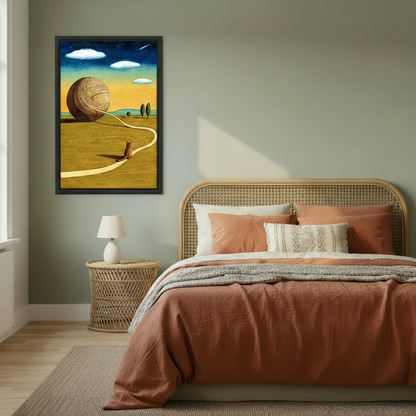 Surreal cat chasing giant yarn ball canvas wall art in black frame – golden wheat field under night sky, styled in warm Scandinavian bedroom with neutral linen bedding and wood nightstand