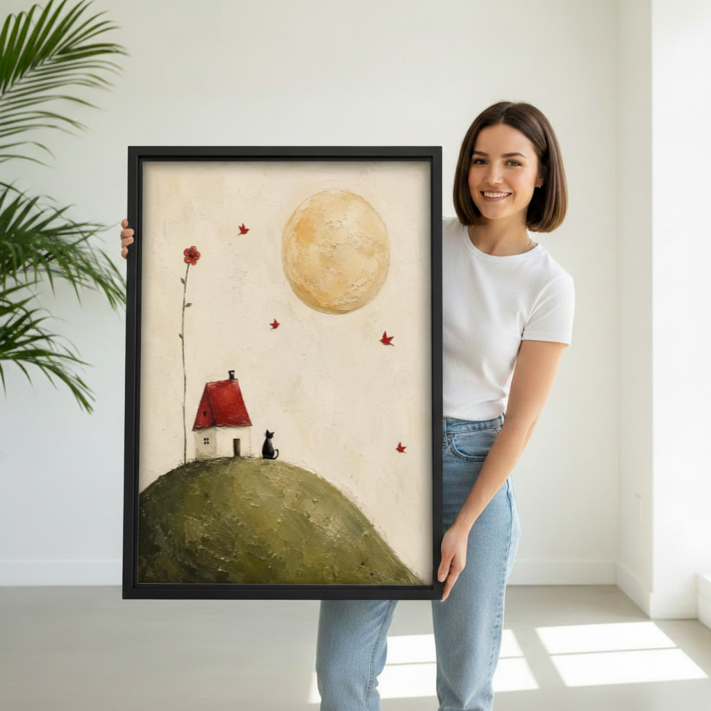 Whimsical moon and black cat canvas art print on white wall