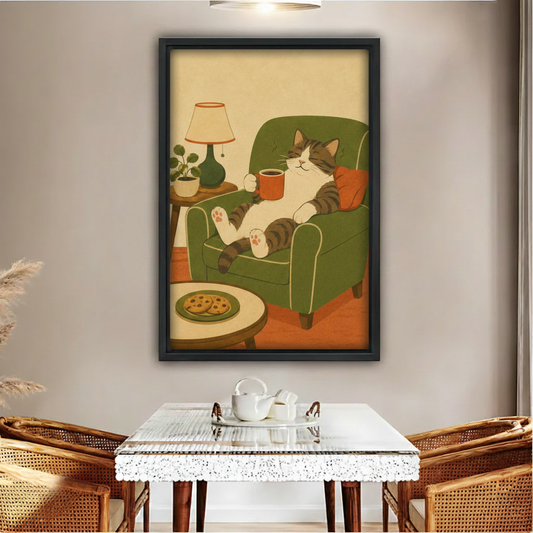Cozy cat coffee canvas wall art print — tabby cat relaxing in green armchair with red mug, retro illustration