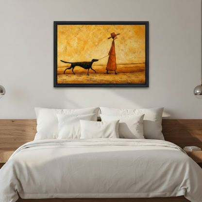 Black framed impressionist-style canvas of a woman in a rust coat and hat walking a black dog on a leash through a golden desert, hung above a white linen bed in a modern bedroom with wooden headboard and silver wall sconces