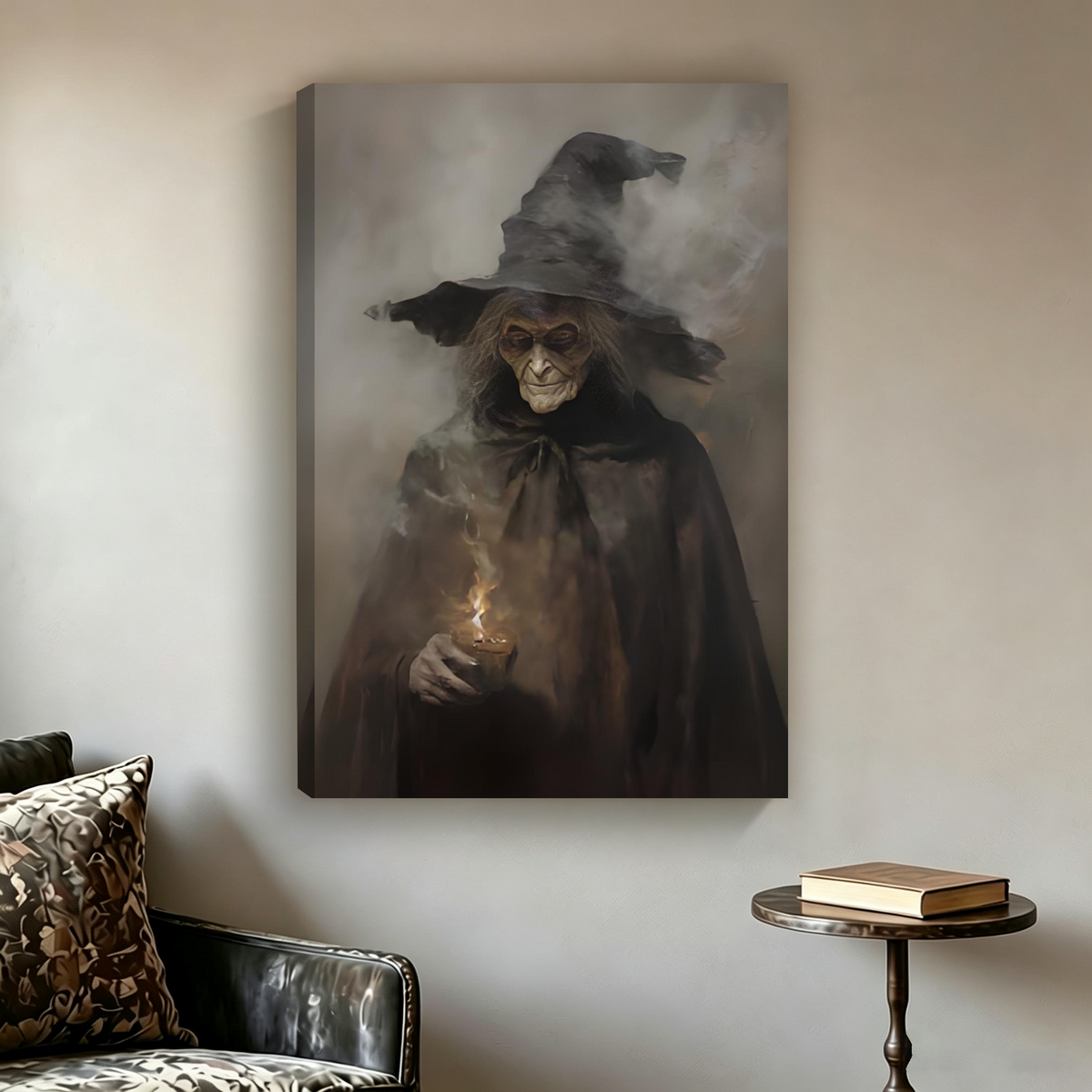 Unframed gallery wrap canvas of dark realism ancient witch with candle and smoke, displayed above leather sofa against neutral wall