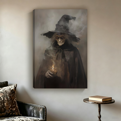 Unframed gallery wrap canvas of dark realism ancient witch with candle and smoke, displayed above leather sofa against neutral wall