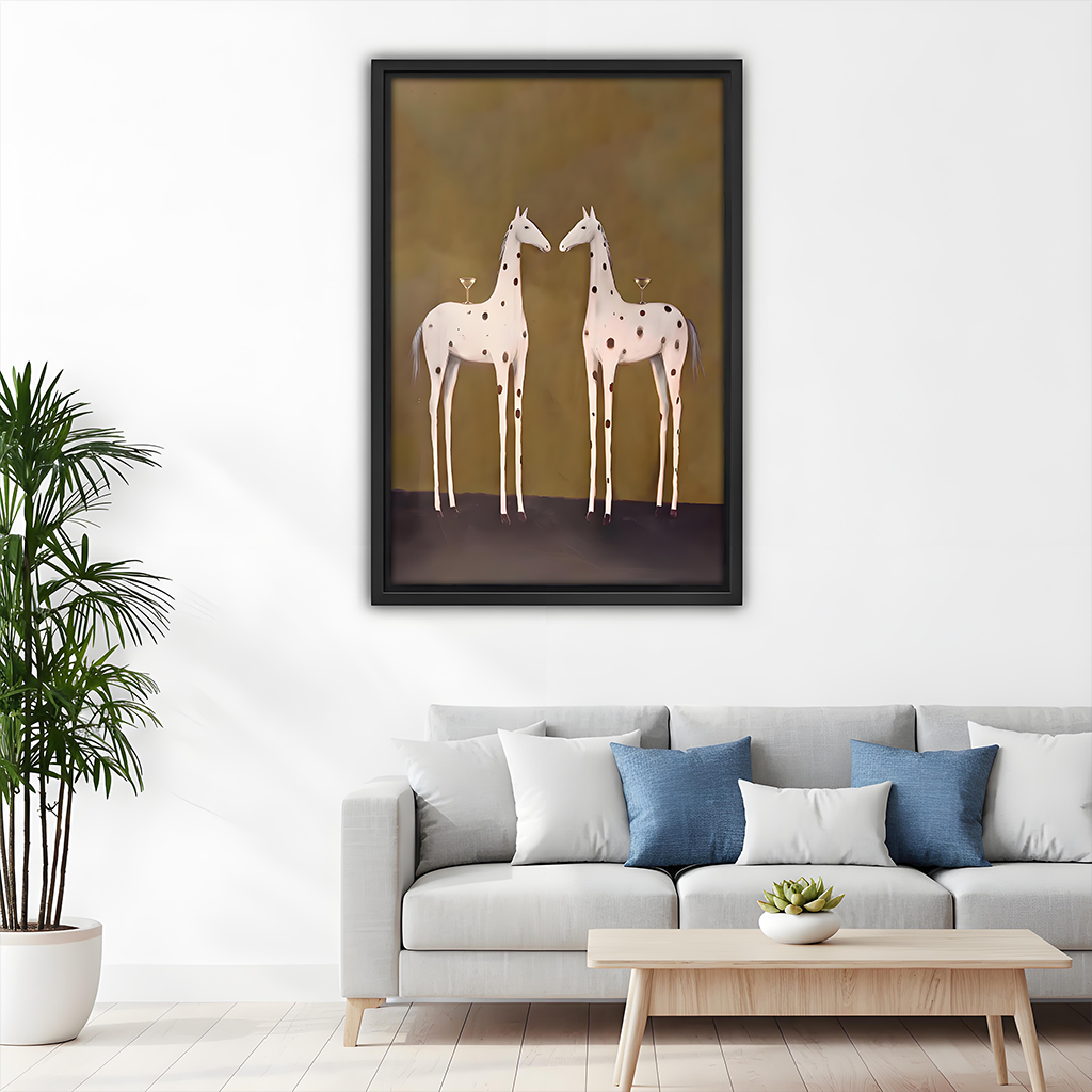 Animal lover giraffe pair canvas art showing two spotted giraffes in a whimsical vintage style