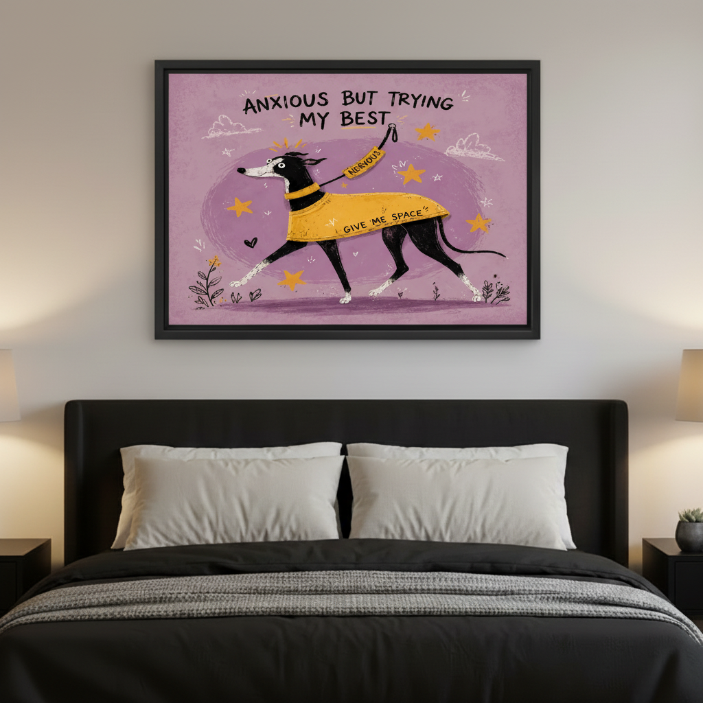 Anxious but trying my best greyhound canvas wall art displayed in stylish home office as mental health decor