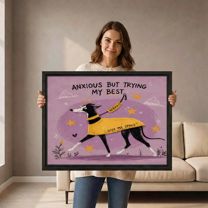 Woman holding large anxious greyhound trying my best framed canvas print showing size reference in bright room