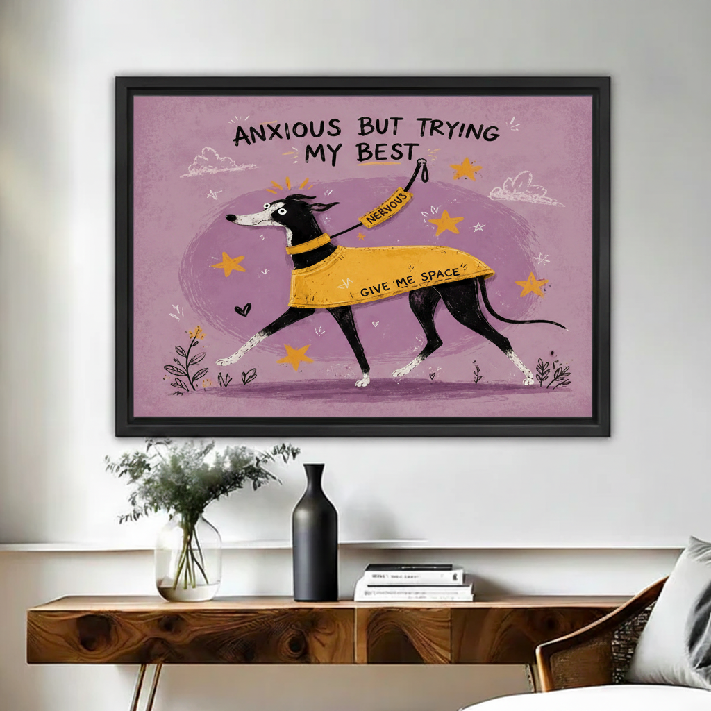 Anxious but trying my best greyhound in yellow nervous vest framed canvas print hung above console in bedroom