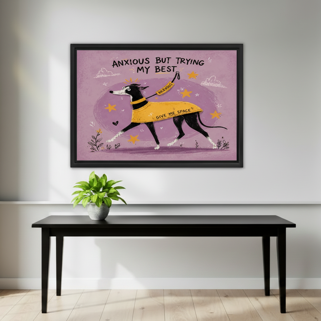 Relatable anxious greyhound nervous vest canvas print above sofa in cozy eclectic living room