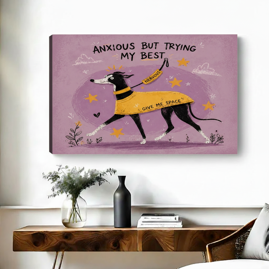 Funny anxious greyhound mental health gallery wrap canvas art displayed above console table in living room
