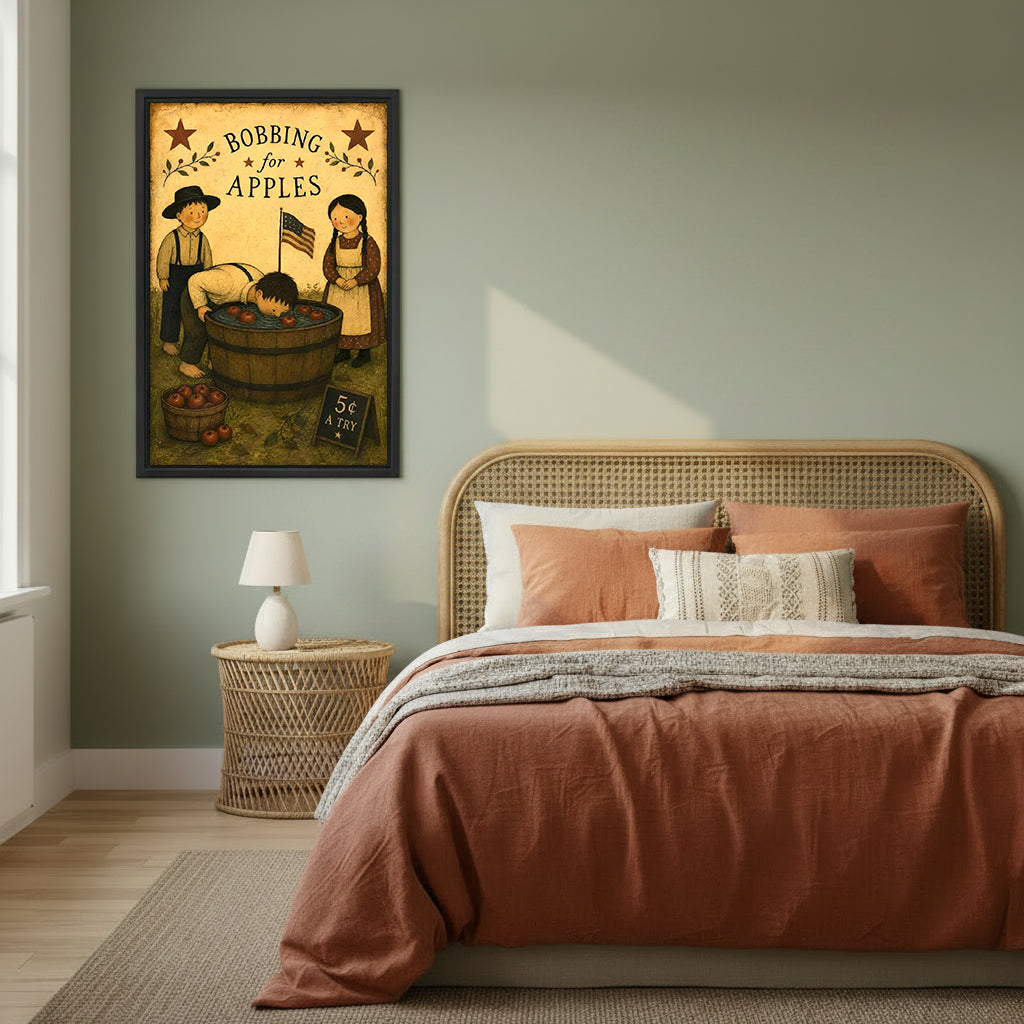 Framed bobbing for apples canvas wall art in a sage green bedroom