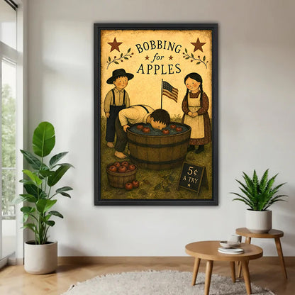 Black-framed bobbing for apples canvas wall art on a white wall beside plants