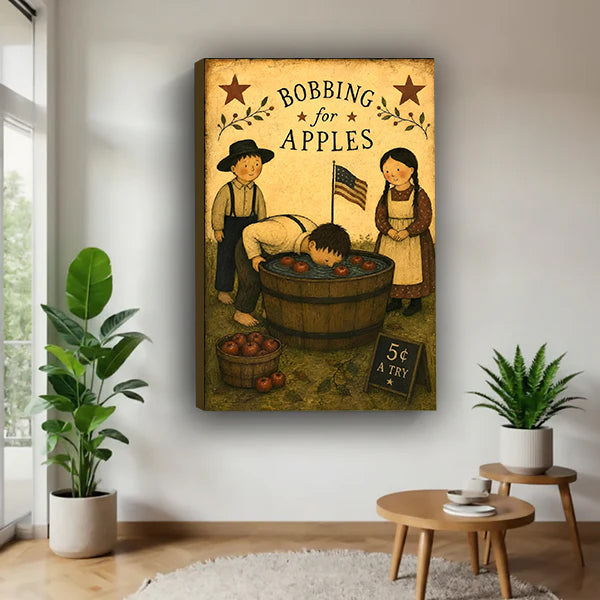 Gallery-wrap bobbing for apples canvas wall art in a bright plant-filled corner