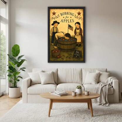 Vintage bobbing for apples canvas wall art above a cream living room sofa