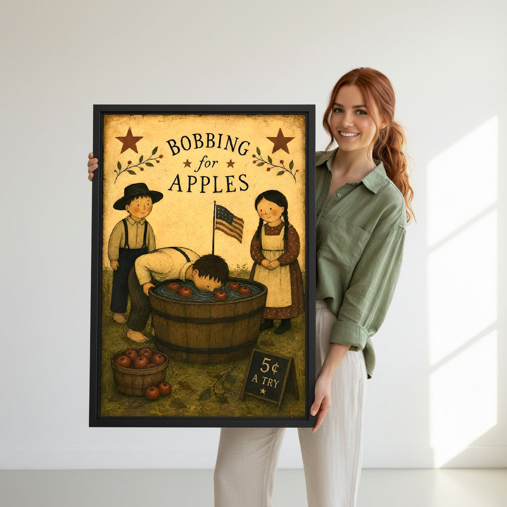 Model holding bobbing for apples canvas wall art for size reference