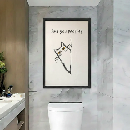  Funny cat peeking around corner with "Are you pooping" text minimalist black sketch framed wall art above toilet on marble bathroom wall, humorous bathroom cat canvas for modern powder room decor