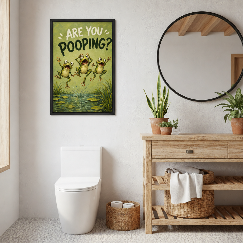 Framed are you pooping frogs canvas wall art hanging beside a round mirror and potted plants in a bathroom.