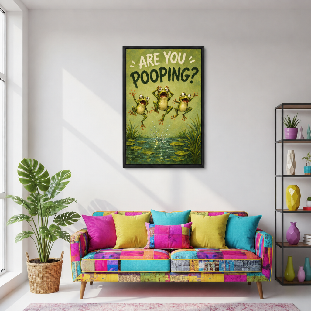 Framed are you pooping frogs canvas wall art displayed above a colorful patchwork sofa in a living room.