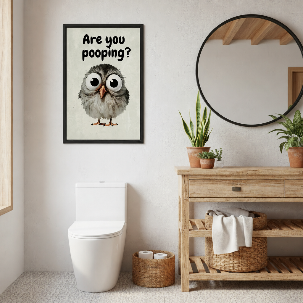 Framed are you pooping owl canvas wall art hanging beside a round mirror and potted plants in a bathroom.