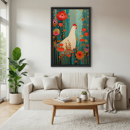 Art Nouveau chicken poppy garden jewel-tone blooms gold spiral black framed canvas wall art above wide cream linen sofa with round wood coffee table and succulent