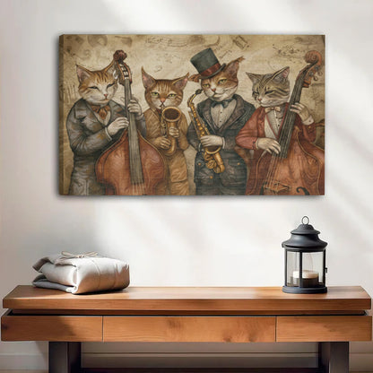 Jazz cat band retro music gallery wrap canvas wall art above entryway console table