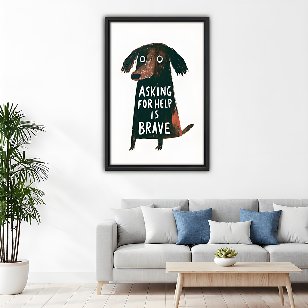 Gallery-wrap dog canvas wall art showing “Asking for Help Is Brave” on a textured dog above a dining table.