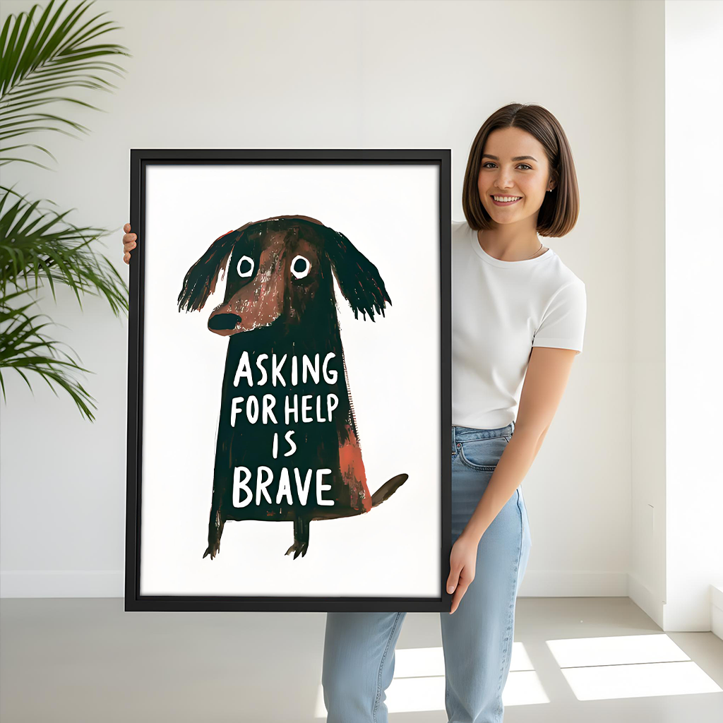 Woman holding black-framed dog canvas wall art featuring a textured floppy-eared dog and an encouraging handwritten quote.