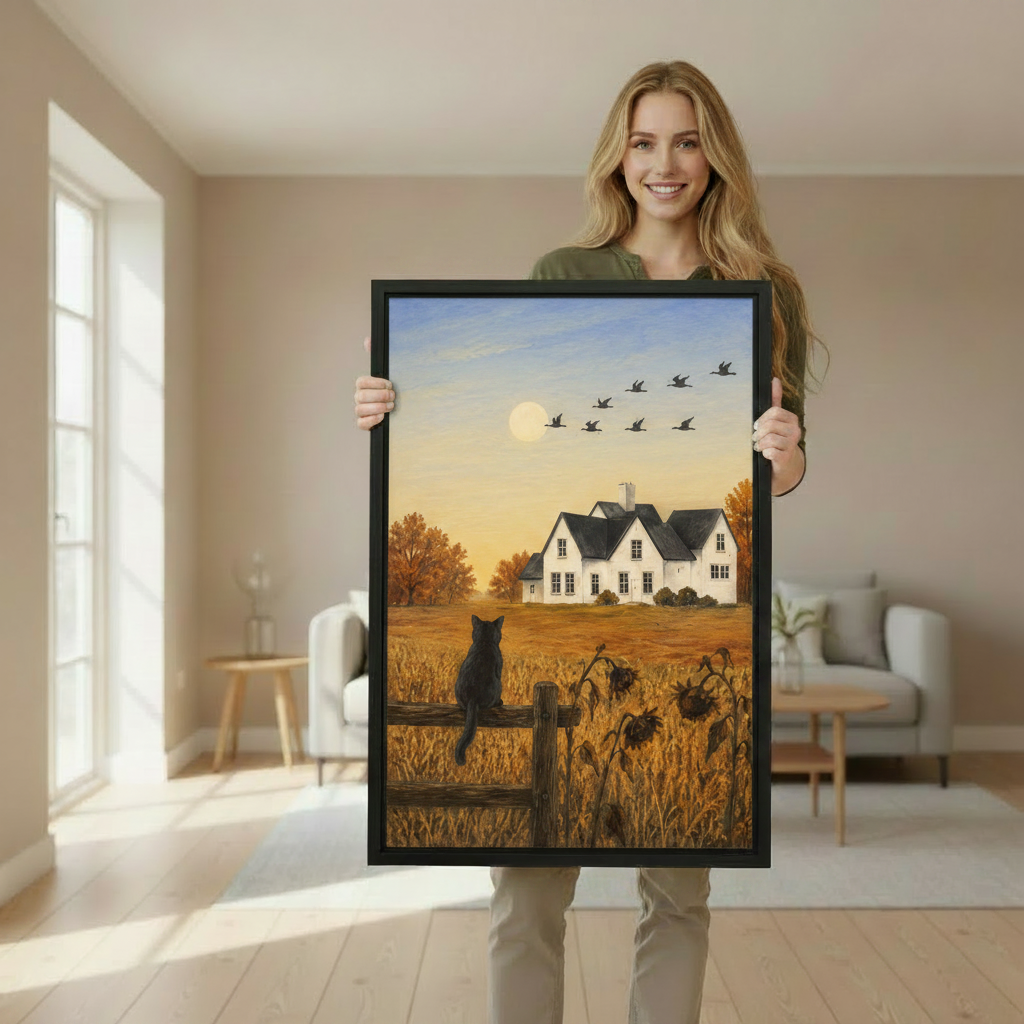 Woman holding large autumn farm black cat framed canvas wall art print in bright airy living room