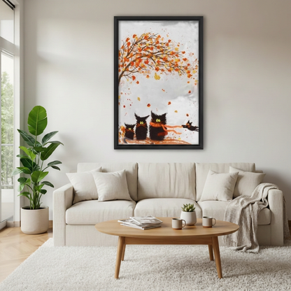 Framed autumn black cats canvas above a cream sofa.