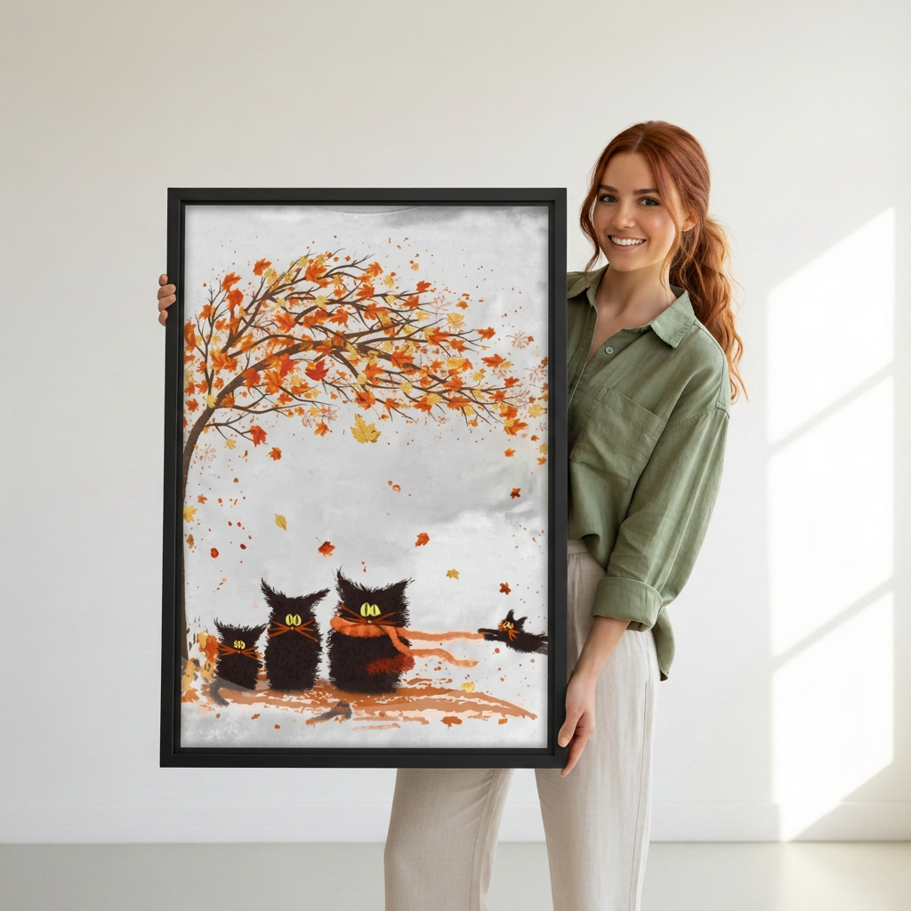 Woman holding framed autumn black cats canvas wall art.
