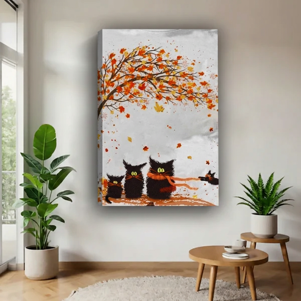  Unframed autumn black cats canvas with orange scarves and falling leaves.