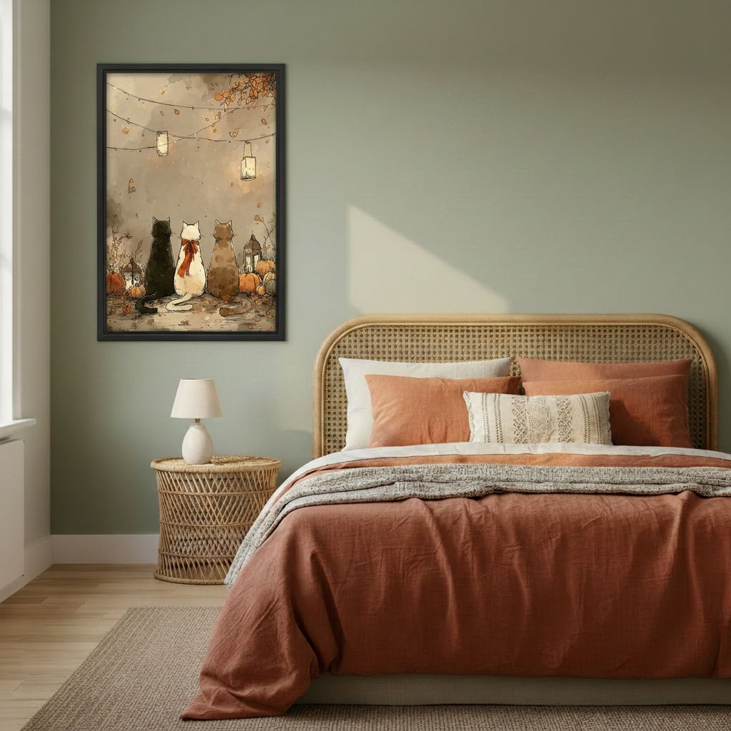  Framed autumn cats and lanterns canvas beside a rattan bed.