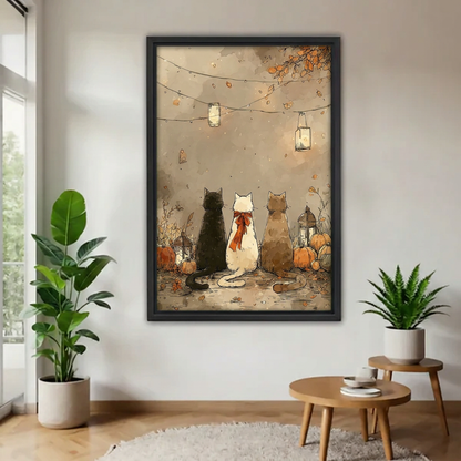 Framed autumn cats and lanterns canvas beside indoor plants.