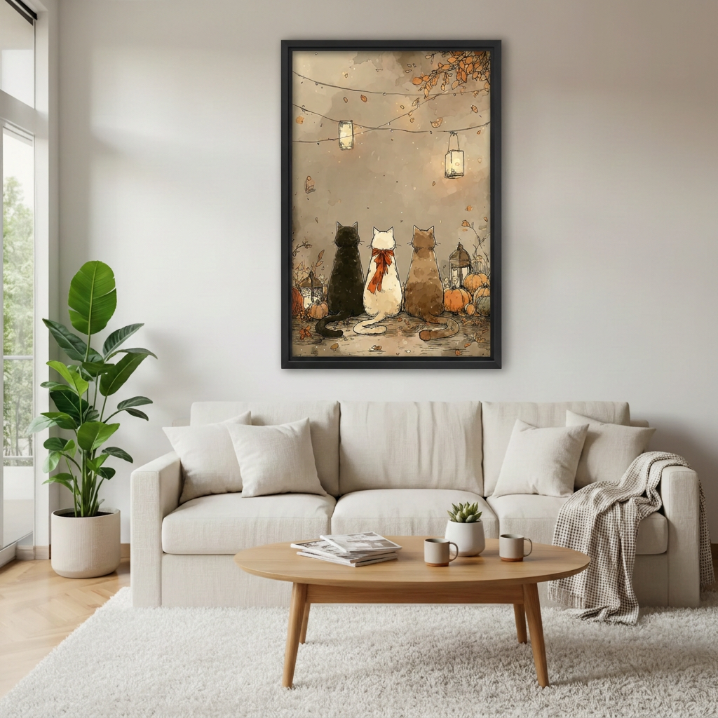 Framed autumn cats and lanterns canvas above a cream sofa.